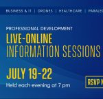 Professional Development Live-online Information Session. July 19-22. Each evening at 7 pm. Woman on laptop.