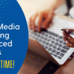 A promotional image featuring a person using a laptop and smartphone with digital icons emanating from the phone screen, symbolizing social media activity. The image includes text that reads ‘Social Media Marketing Self-Paced Courses START ANYTIME!’ with the University of Delaware logo at the bottom right corner.